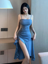 2025 Summer Women's New Sexy Temperament Slim Wooden Ear Edge Split Dress Pleated Wrap Hip Sweet Fashion Fishtail Dress WO3A